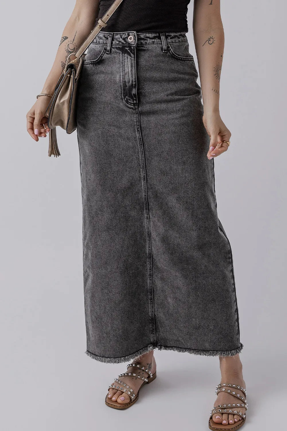 High-Rise Midi Retro 90s Acid Wash Black Denim Back Slit Frayed Raw Hem Jean Skirt