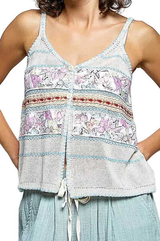 POL Granny Knit Retro Floral Patchwork Sleeveless Button Down Cami Top