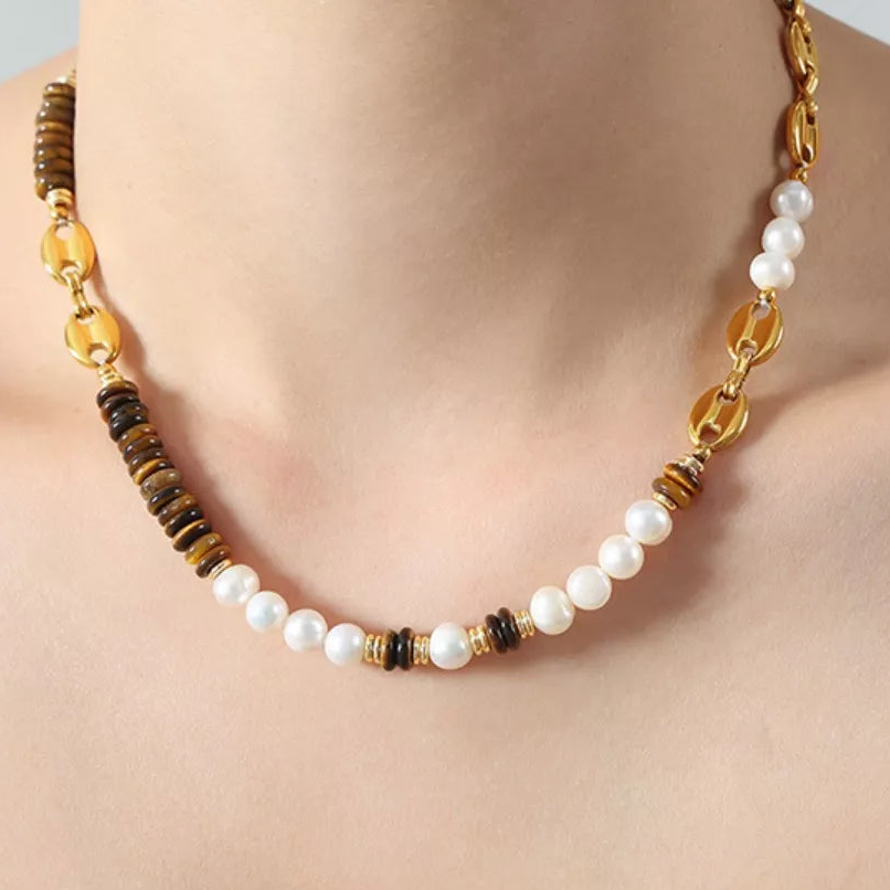 Freshwater Pearl Tiger's Eye 18K Gold-Plated Beaded Necklace
