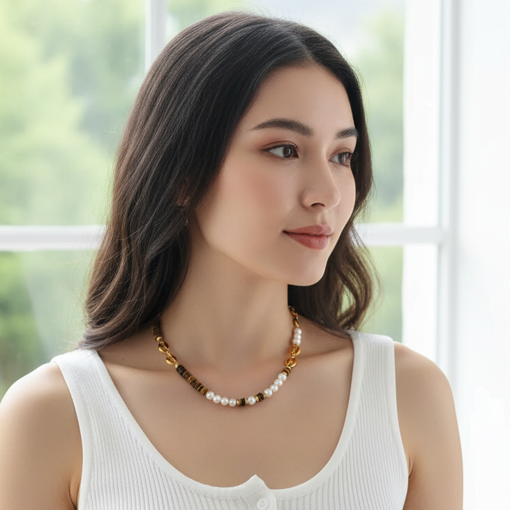 Freshwater Pearl Tiger's Eye 18K Gold-Plated Beaded Necklace
