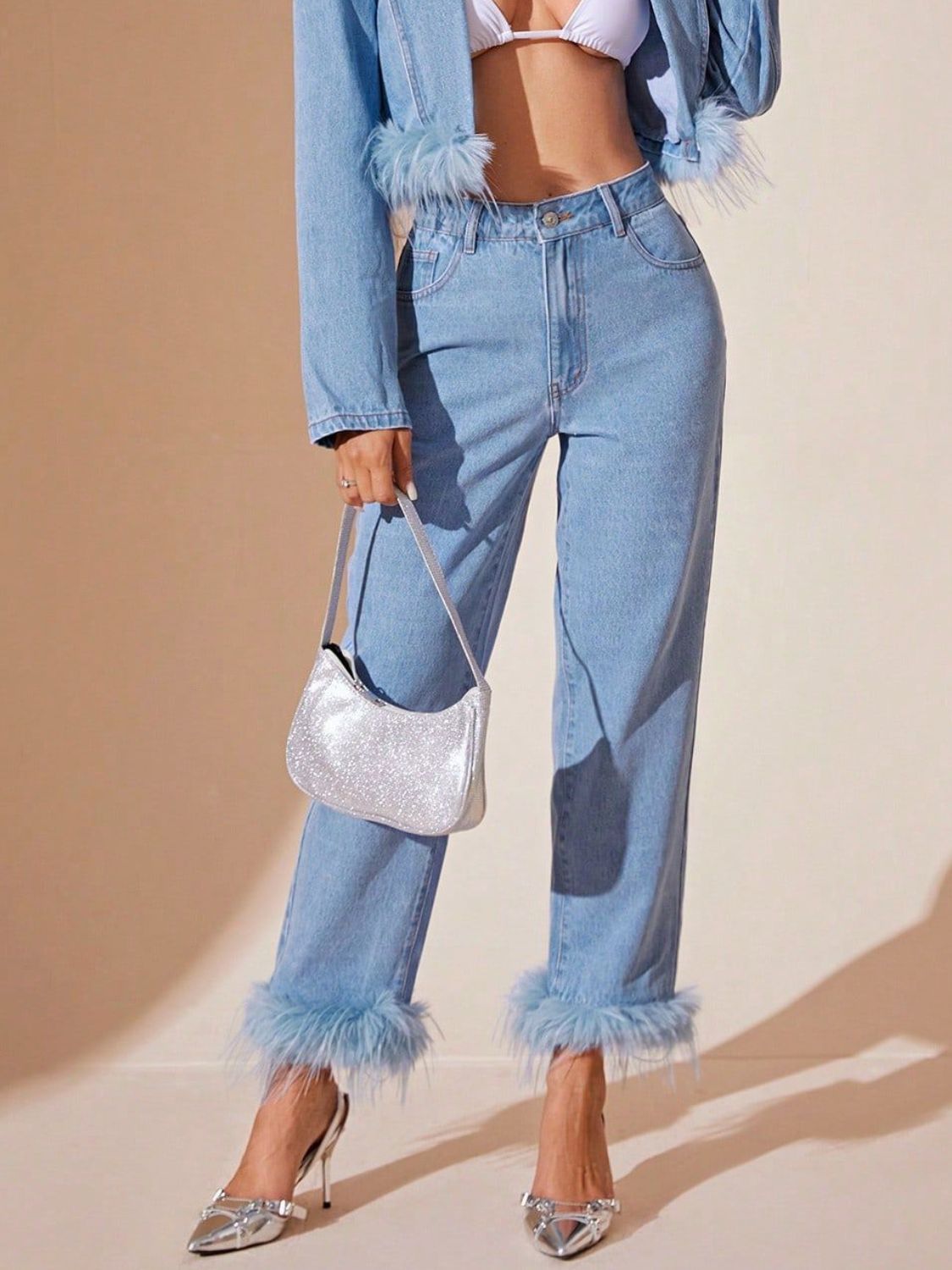 Faux Fur Plush Ankle High-Rise Waist Relaxed Fit Jeans Straight Leg Denim Pants