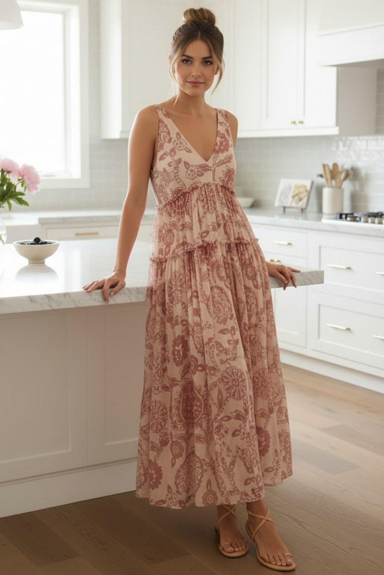 Retro Floral Tiered Ruffle Plunging V-Neck Sleeveless Side Pocket Flowing Midi Dress