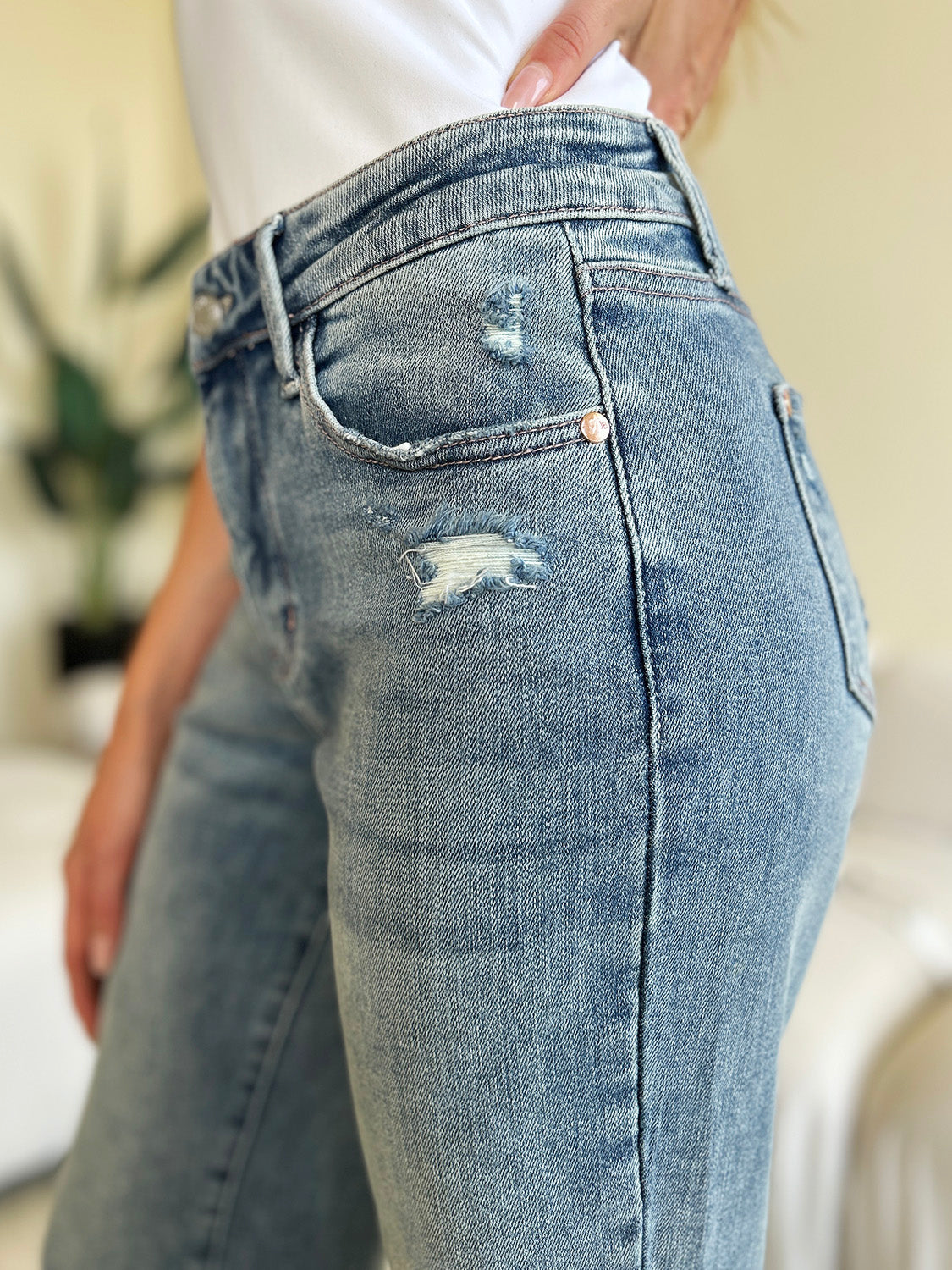 Judy Blue High-Rise Waist Distressed Denim Boyfriend Straight Leg Jean Pants