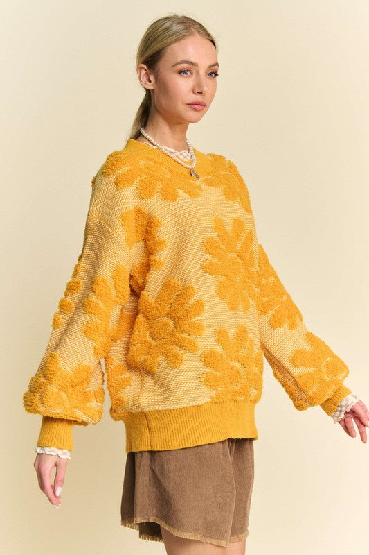 DAVI & DANI French Terry Daisy Knit Long Sleeve Shirt Oversized Retro Pullover Top