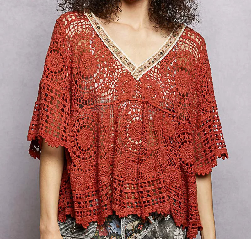 POL Beaded Contrasting V-Neck Top Openwork Granny Crochet Scalloped Hem Blouse Ginger