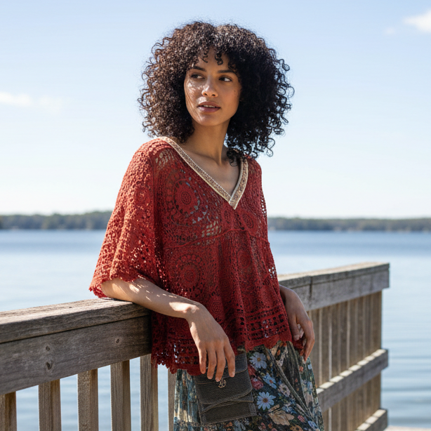 POL Beaded Contrasting V-Neck Top Openwork Granny Crochet Scalloped Hem Blouse Ginger