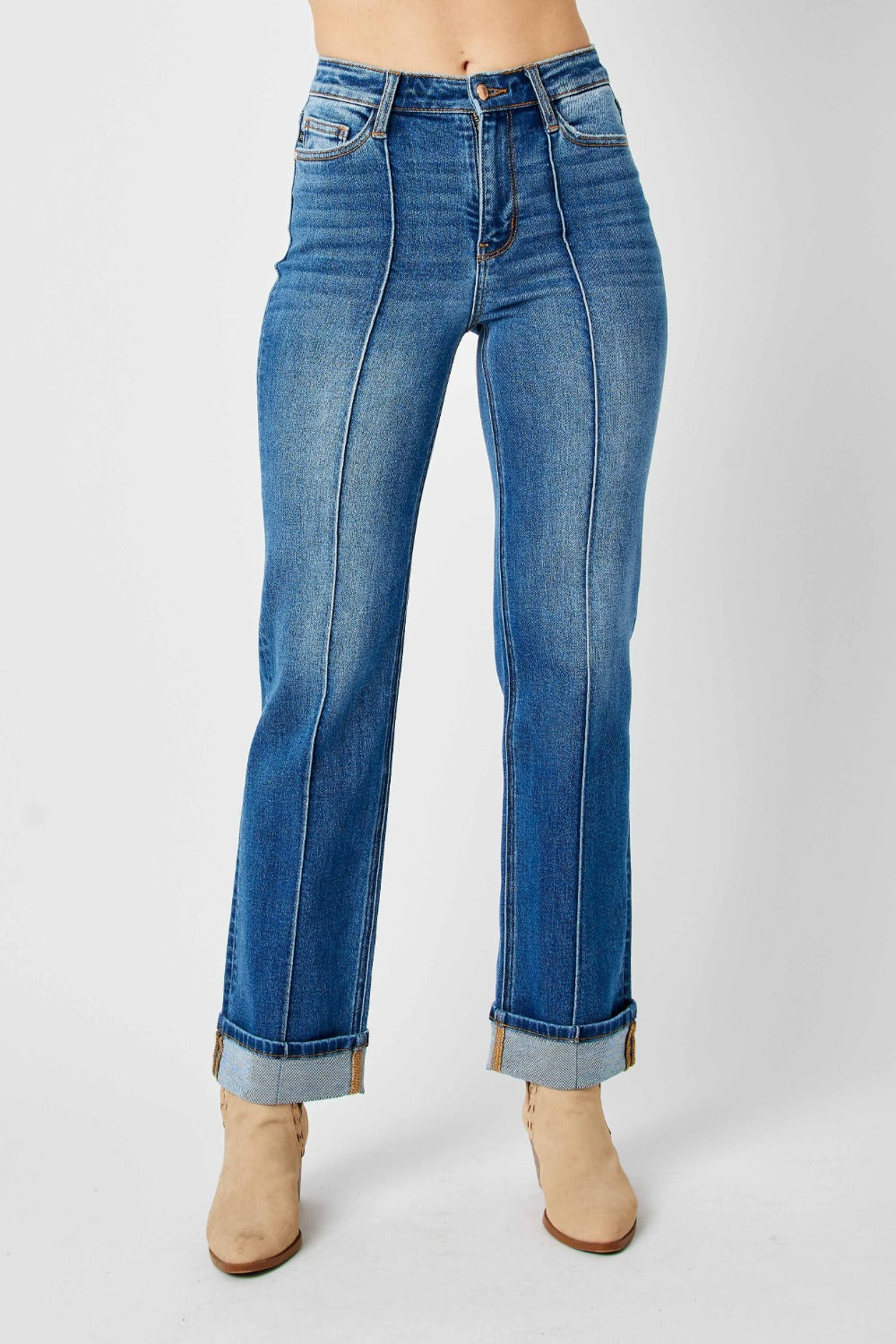 High-Rise Exposed Seam Straight Leg Jeans Dark Denim Pants Judy Blue