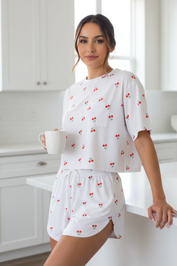 Loungewear 2-Piece Pajama Set Tee Shirt Drawstring Tulip Envelope Curved Hem High-cut Dolphin Shorts Sleepwear