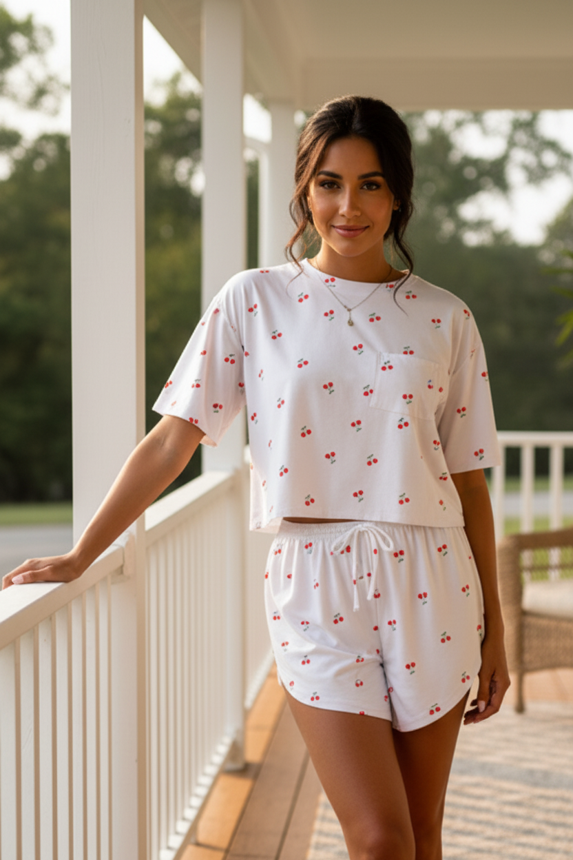 Loungewear 2-Piece Pajama Set Tee Shirt Drawstring Tulip Envelope Curved Hem High-cut Dolphin Shorts Sleepwear