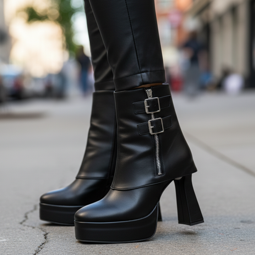 Retro Futuristic Double Buckle Pointed Toe Statement Platform High Heel Ankle Boots