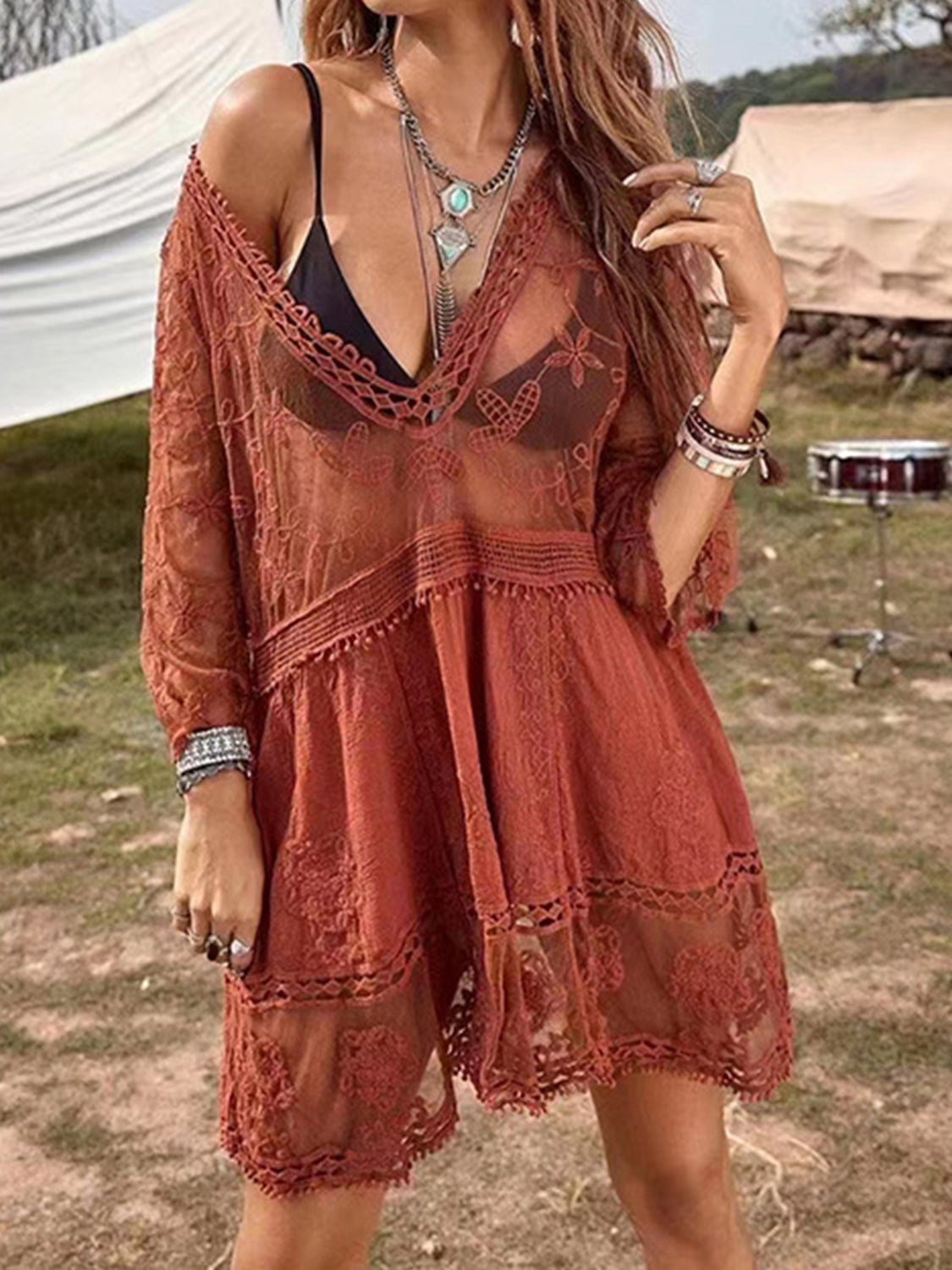 Lace Bohemian Oversized Swim Coverup Mini Dress Half-Sleeve Swimwear Cover