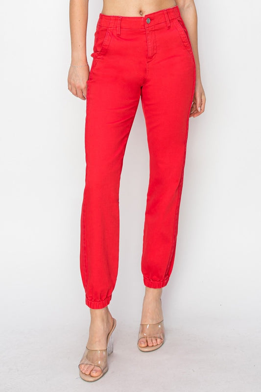 RISEN High-Rise Waist Jogger Pants Ankle Relaxed Straight Leg Red Denim Jeans