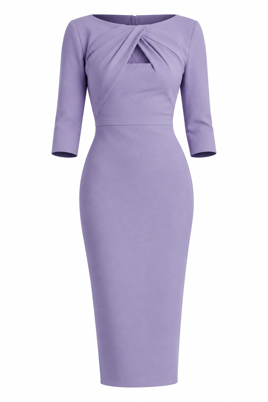 Twisted Front Cutout Wide Boat Neck Bodycon Midi Dress Three Quarter Sleeve