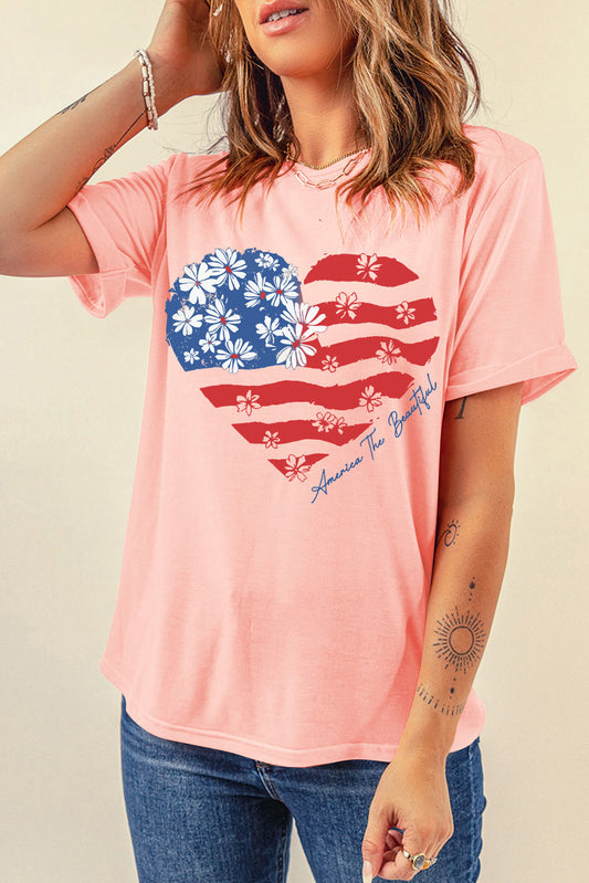 America The Beautiful American Flag Graphic Shirt Patriotic Floral Heart Top