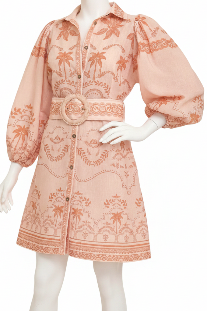 Palm Beach Belted Waist Button Down Baloon Long Sleeve Boho Mini Shirt Dress