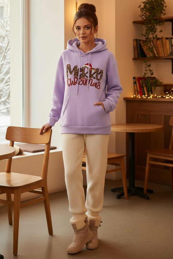 Leopard Print Merry Christmas Oversized Pullover Drawstring Hoodie Holiday Sweatshirt