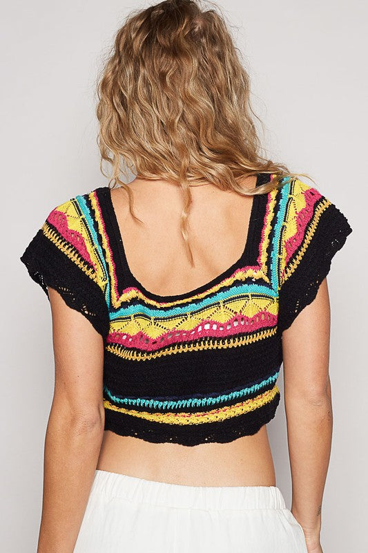 POL Crochet Granny Knit Openwork Short Sleeve Pullover Crop Top Colorful Boho Shirt Black