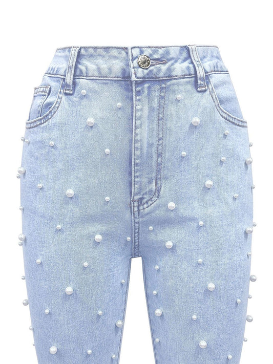 Pearl Bead High-Rise Jeans Slim Bootcut Retro Raw Bell Bottom Flare Denim Pants