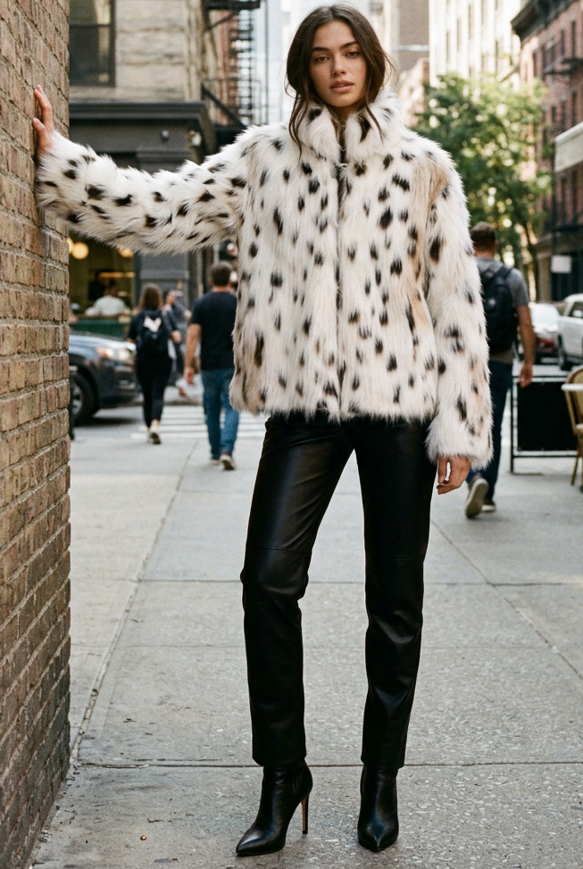 Leopard Print Faux Fur Cropped Jacket High Collar Hook Front Plush Fuzzy Coat