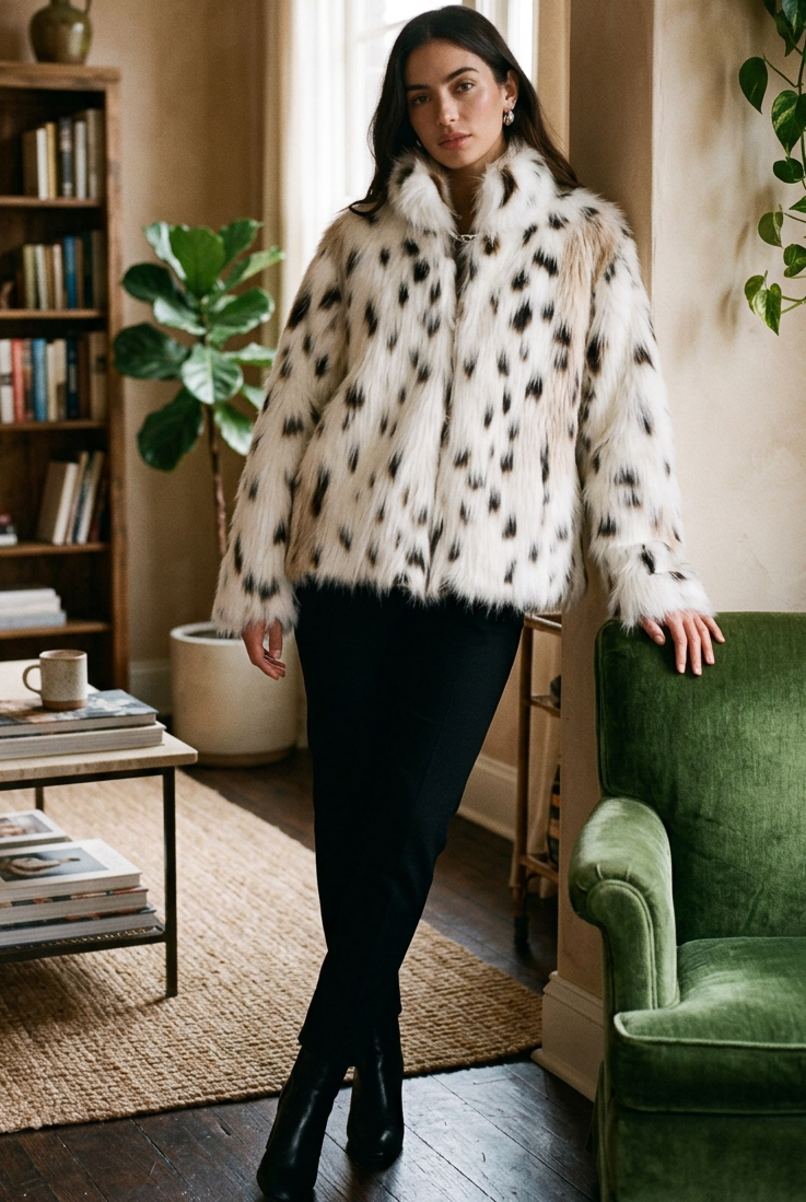 Leopard Print Faux Fur Cropped Jacket High Collar Hook Front Plush Fuzzy Coat