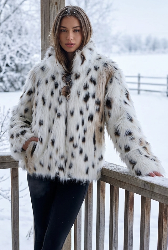 Leopard Print Faux Fur Cropped Jacket High Collar Hook Front Plush Fuzzy Coat
