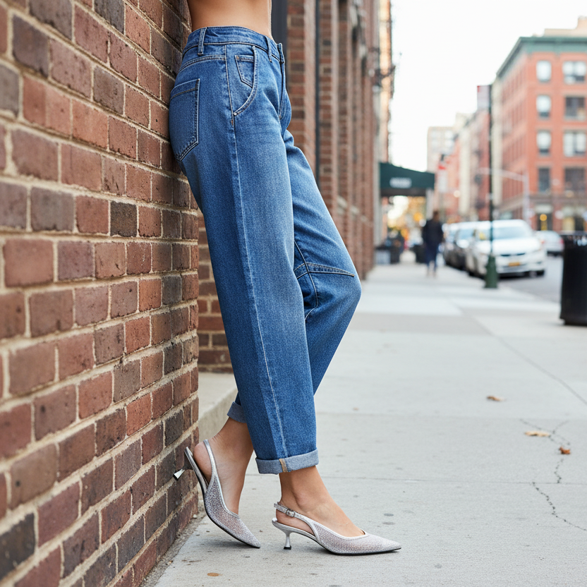 Risen Baggy High-Rise Barrel Horseshoe Jeans Cropped Rolled Cuffed Denim Pants