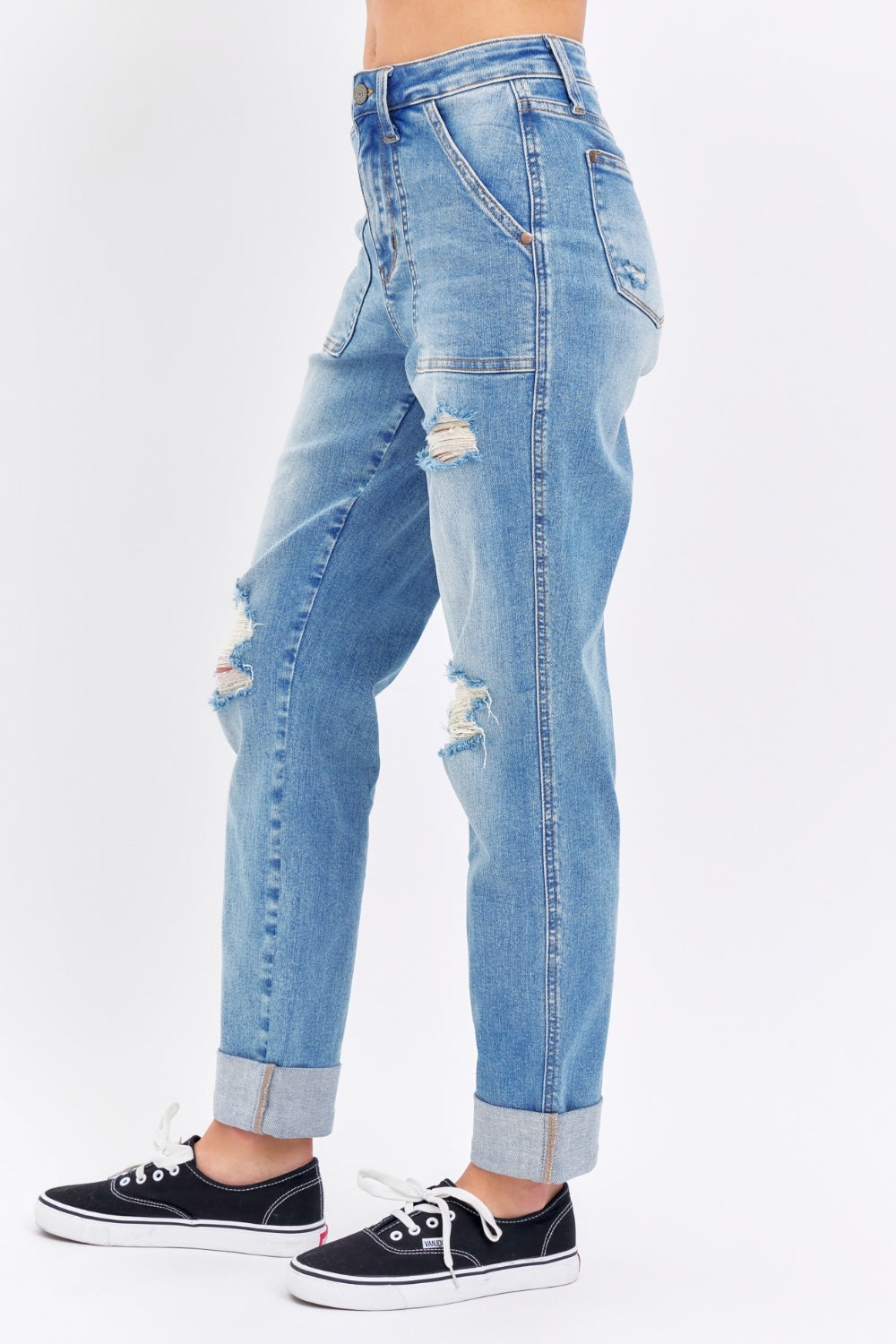 Judy Blue Distressed High-Rise Retro 90s Mom Jeans Torn Straight Leg Cuffed Denim Pants