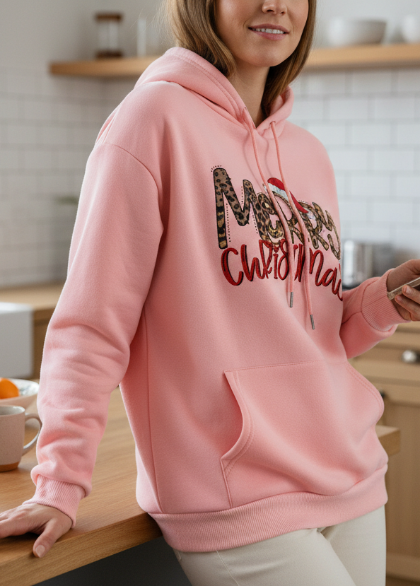 Leopard Print Merry Christmas Oversized Pullover Drawstring Hoodie Holiday Sweatshirt