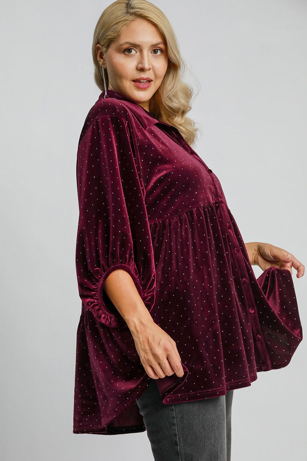 Umgee Velour Polka-dot Boho Oversized Top Peplum Babydoll Shirt Velour Blouse