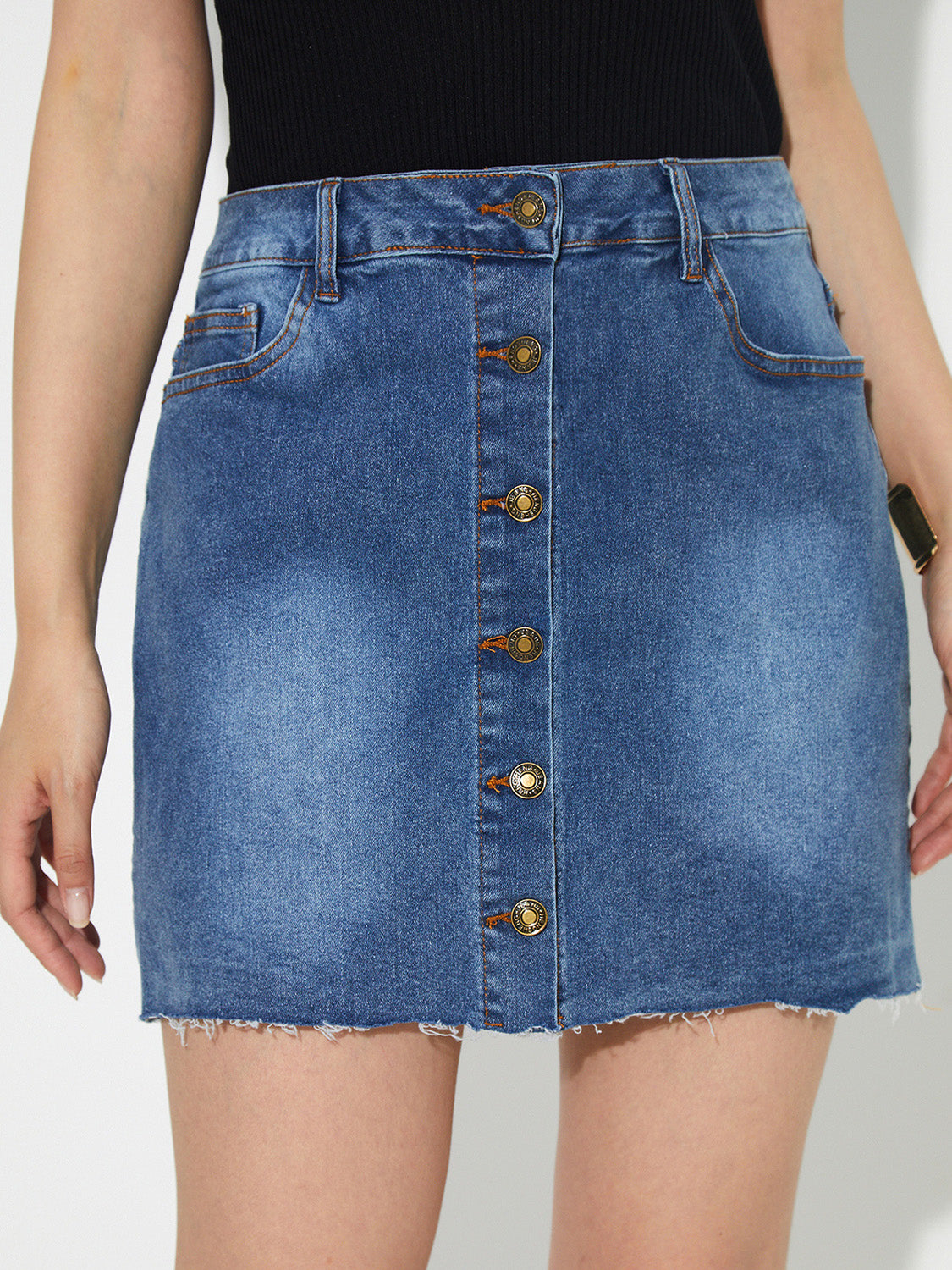 Retro Jean Skirt Button Fly Stone Wash Blue Denim Raw Hem Pocket Mini Skirt