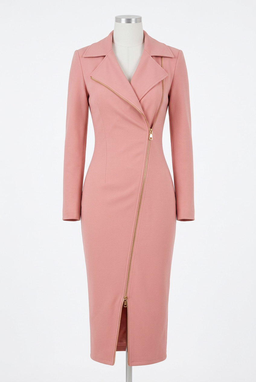 Asymmetrical Zip Front Blazer Dress Notched Lapel Long Sleeve Fitted Midi