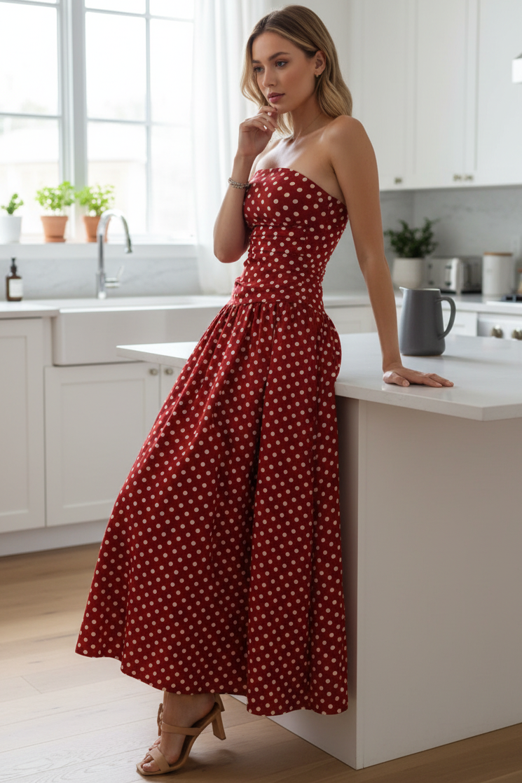 Retro Polka Dot Bandeau Strapless Ruched Drop Waist Fit & Flare Maxi Dress