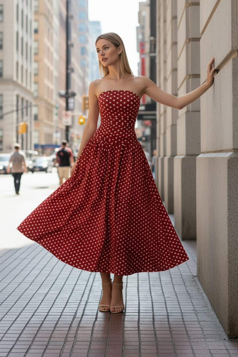 Retro Polka Dot Bandeau Strapless Ruched Drop Waist Fit & Flare Maxi Dress