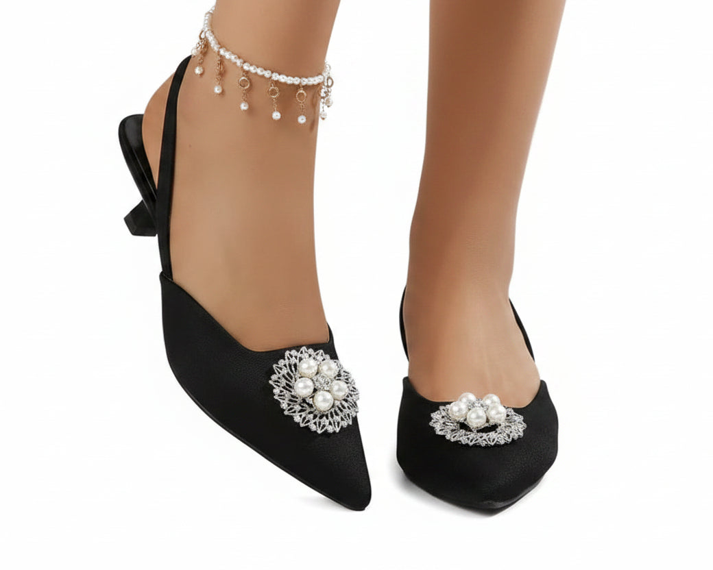 Statement Pearl Rhinestone Embellished Pointed Toe Slingback Kitten Heel Pumps