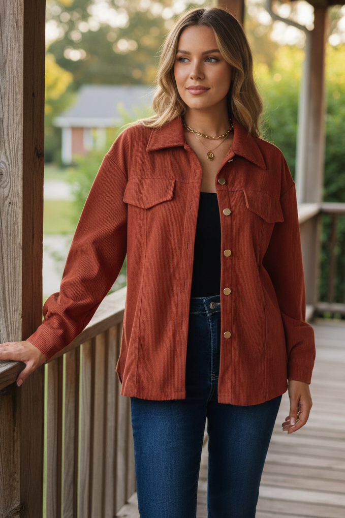 Retro Corduroy Button-Down Collared Shacket Lightweight Chest Pocket Jacket