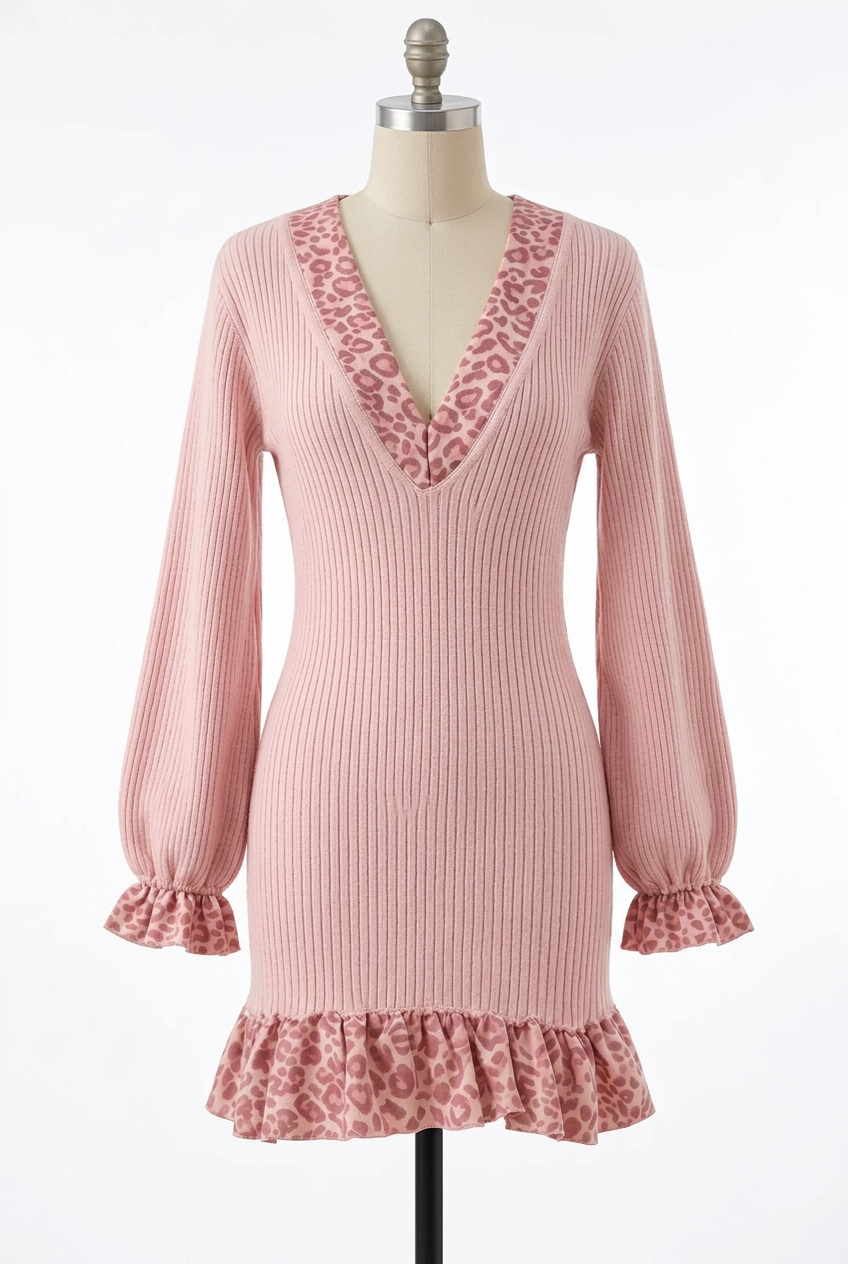 Ribbed Knit Ruffle Leopard Trim Plunging V-Neck Long Balloon Sleeve Mini Dress