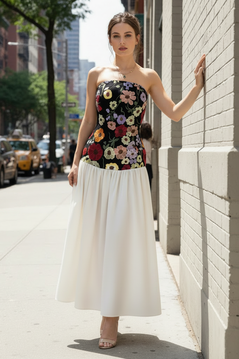 Floral Embroidered Strapless Corset Drop Waist Colorful Fit and Flare Maxi Dress