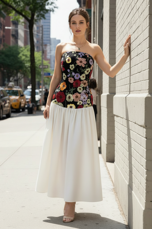 Floral Embroidered Strapless Corset Drop Waist Colorful Fit and Flare Maxi Dress