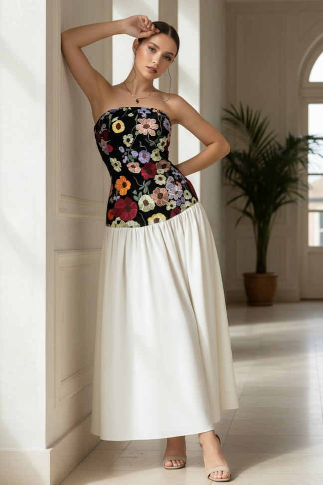 Floral Embroidered Strapless Corset Drop Waist Colorful Fit and Flare Maxi Dress