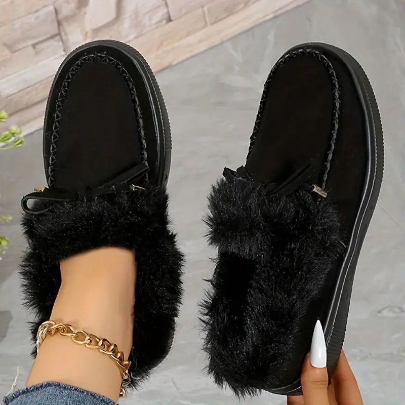 Bow Top Plush Faux Fur Loafers Slip-On Moccasin Soft Flat Outdoor House Shoes