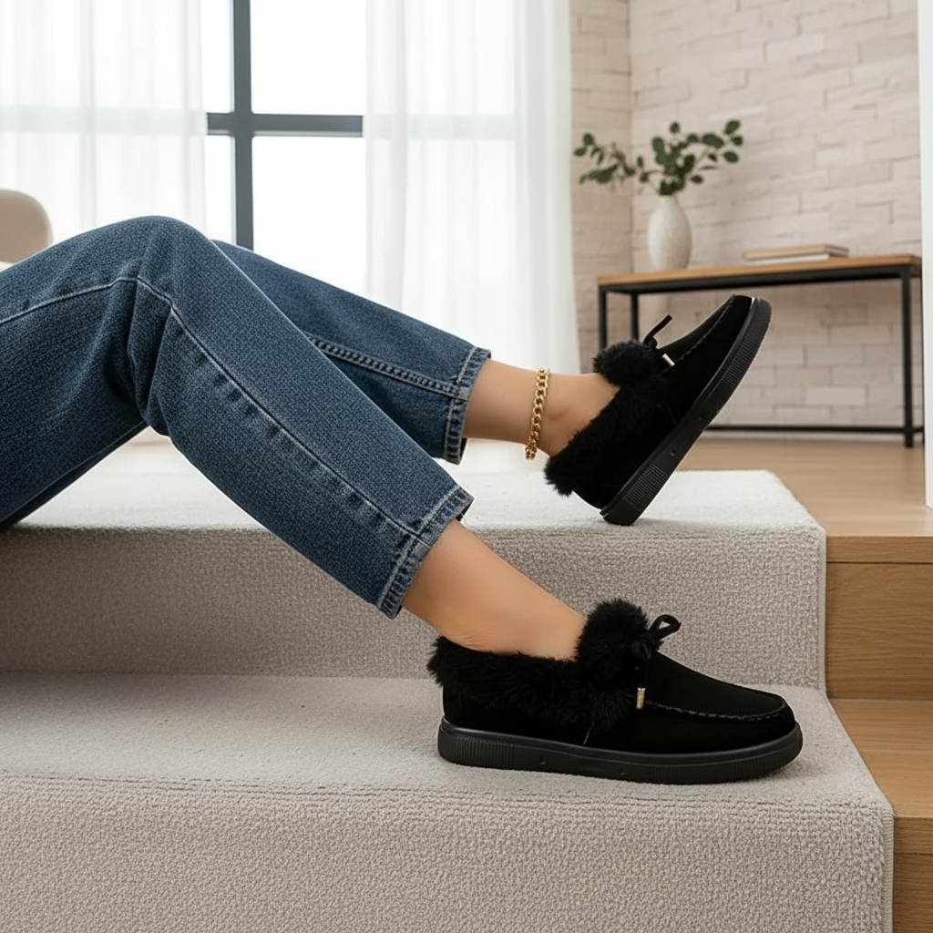 Bow Top Plush Faux Fur Loafers Slip-On Moccasin Soft Flat Outdoor House Shoes
