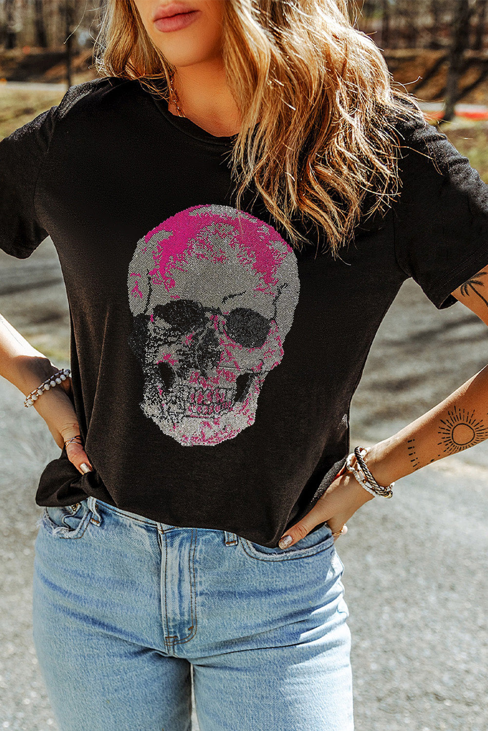 Rhinestone Skeleton Shirt Bling Sparkling Short Sleeve Tee Halloween Top