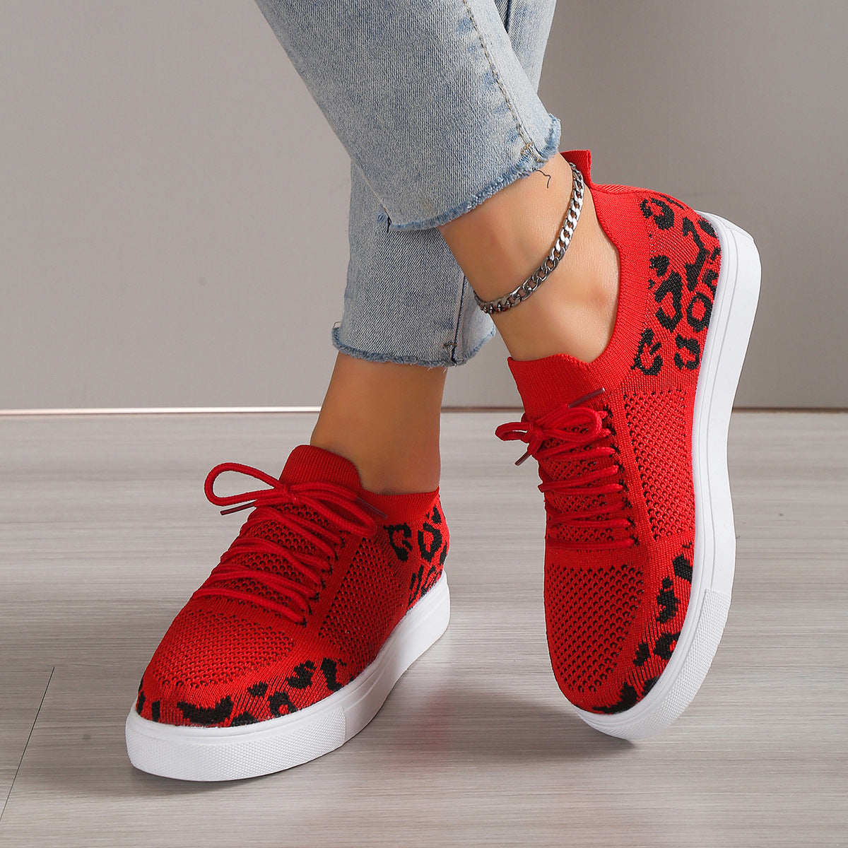 Leopard Knit Sneakers Color Contrasting Slip-on Flats Lace-up Shoes Breathable