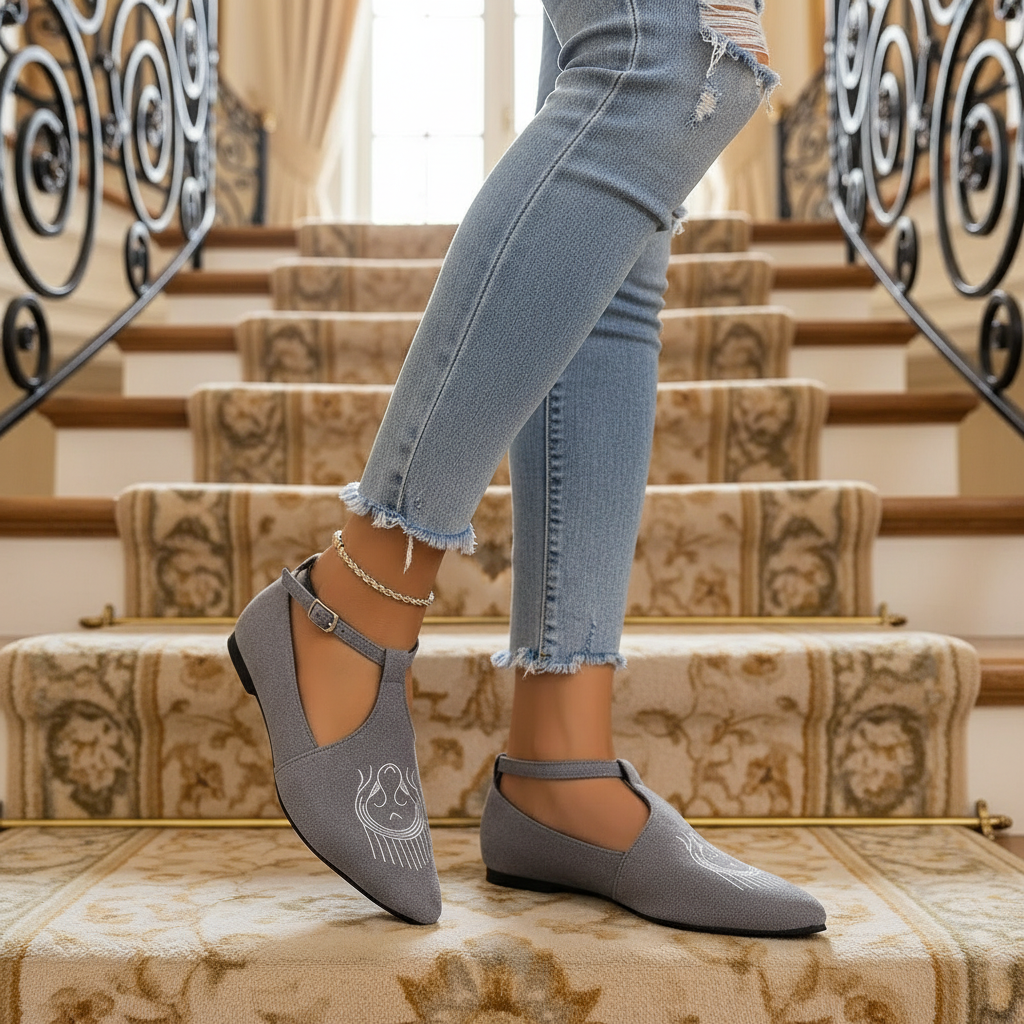 Pointed Toe Embroidered Slip-On Loafer or Ankle Strap Mary Jane Ballet Flats Vegan Suede Shoes