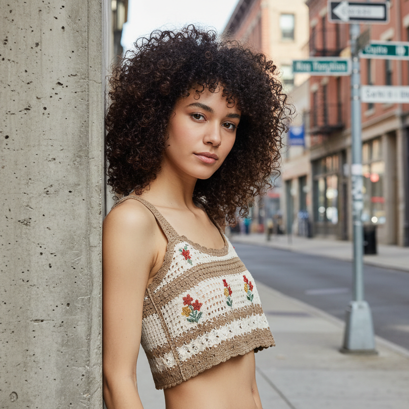 POL Floral Embroidered Granny Crochet Knit Cami Crop Top Boho Sleeveless Shirt Mocha Brown
