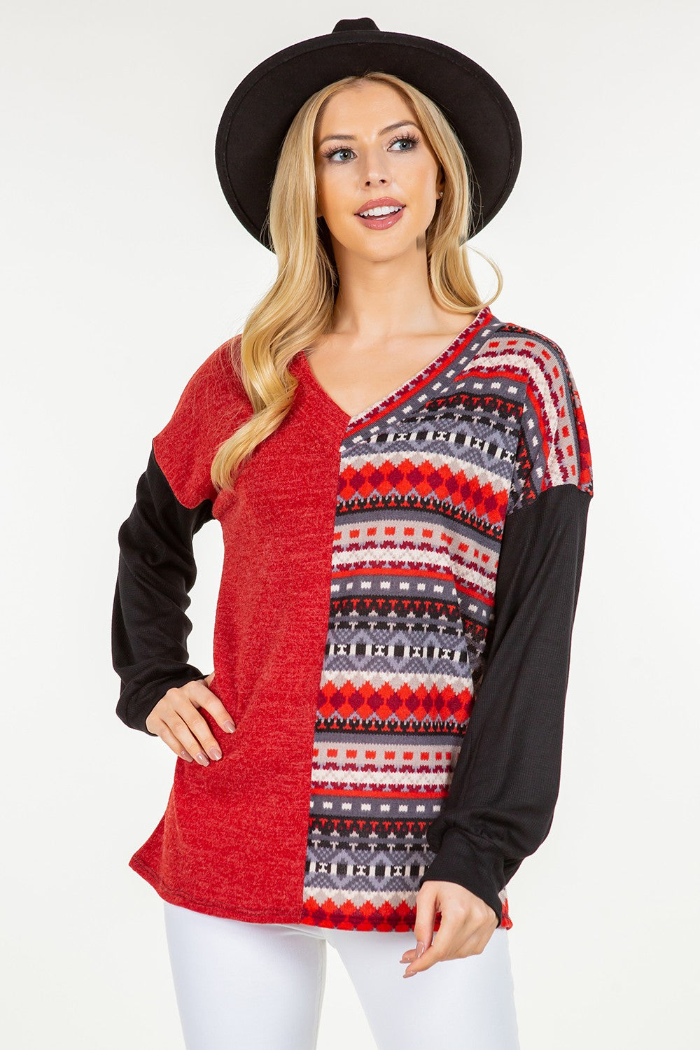 Celeste Patchwork Color Contrasting Top Geometric Stripe Patch Long Sleeve Shirt