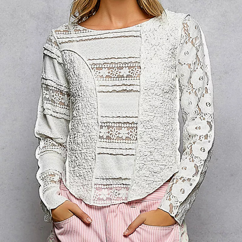 POL Floral Lace Patchwork Exposed Seam Shirt Round Neck Ruffle Long Sleeve Top Off-white