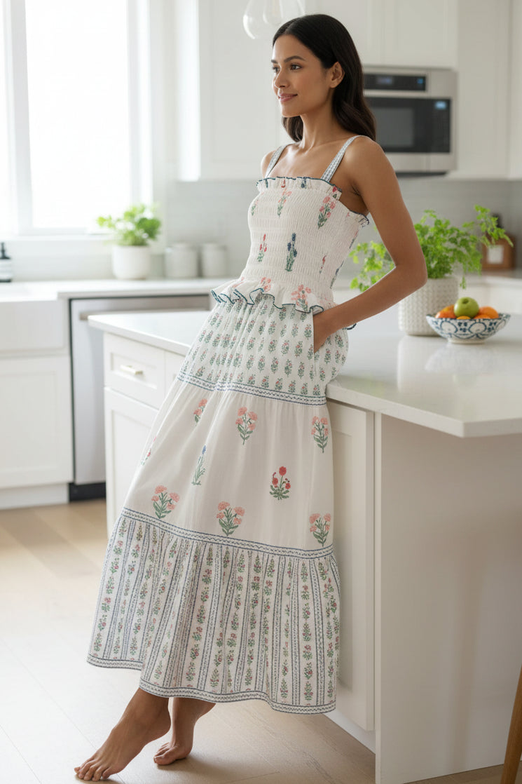 Retro Granny Floral Smocked Ruffle Frill Square Neck Tiered Side Pocket Maxi Dress