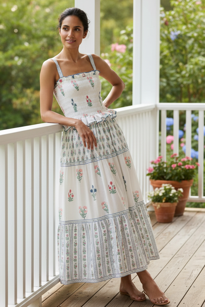 Retro Granny Floral Smocked Ruffle Frill Square Neck Tiered Side Pocket Maxi Dress