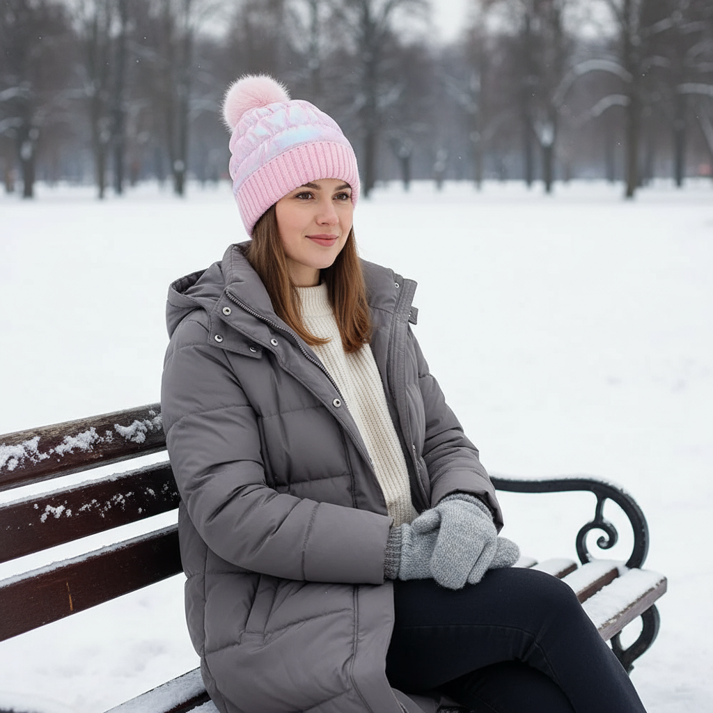 Metallic Puffer Beanie Quilted Thermal Sherpa Lined Winter Hat Faux Fur Pompom Cap